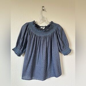 LOFT Blue Smocked Neck Puff Sleeve Boho Blouse - Size M - GUC